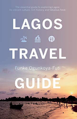 Lagos Travel Guide book cover with beach sunset and icons.