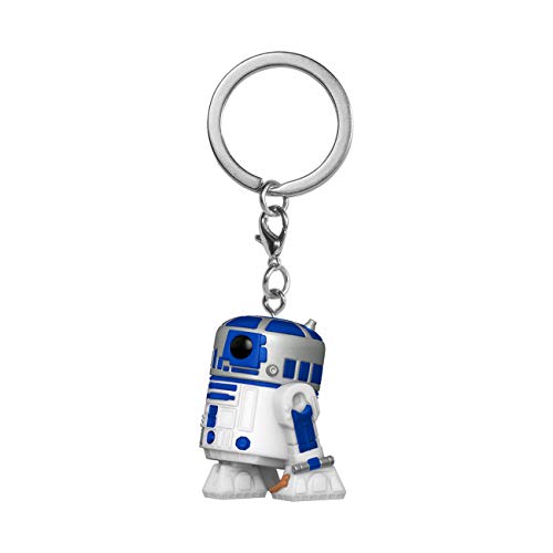 White and blue R2-D2 Funko Pop keychain with a silver chain.
