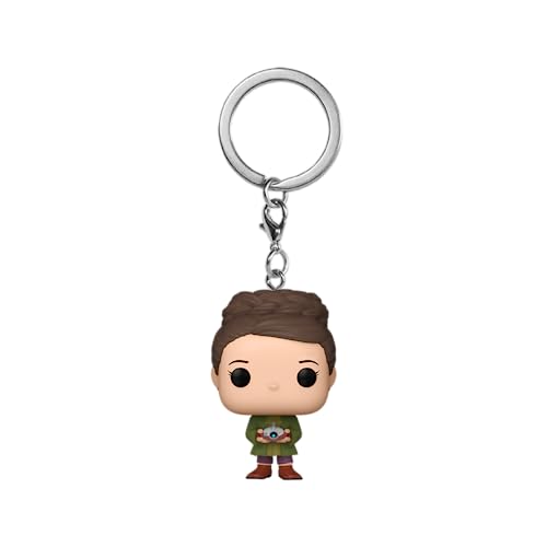 Funko Pop keychain of young Princess Leia with brown hair and green outfit.