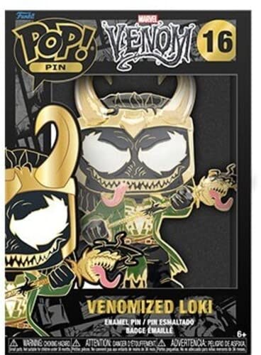 Funko Pop! pin of Venomized Loki, a Marvel character with horns.