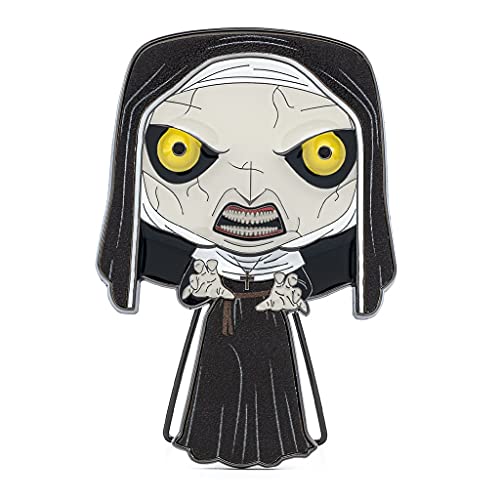 Enamel pin of a stylized, demonic nun character with yellow eyes.