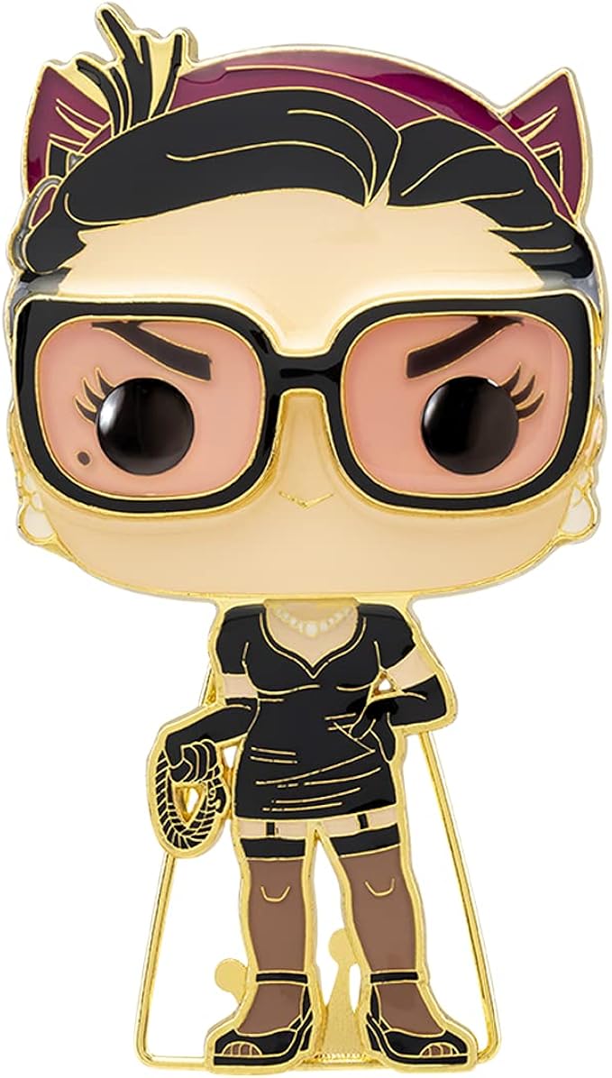 Gold-toned Catwoman Funko Pop! pin with large glasses and a whip.