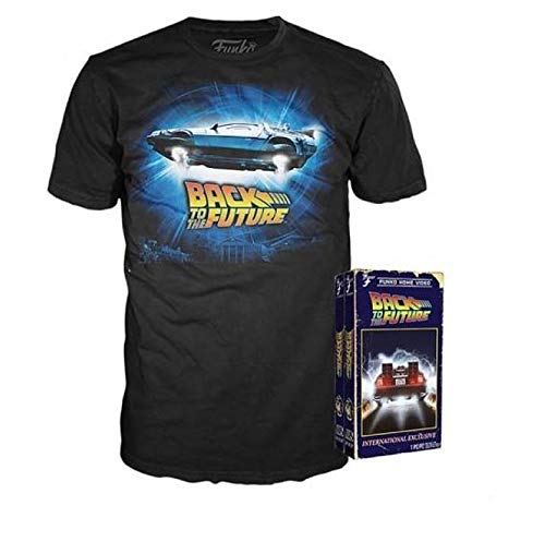 Black Back to the Future t-shirt with DeLorean graphic and VHS box.