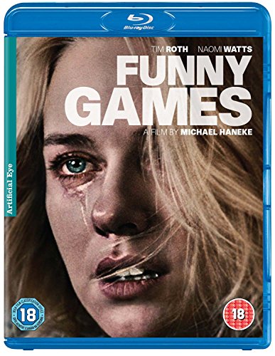 Blu-ray cover for Funny Games featuring a close-up of a distressed woman crying.