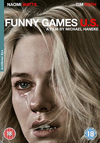 Close-up of a distressed woman with blonde hair crying on the Funny Games DVD cover.