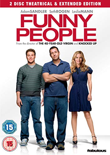 DVD cover for Funny People featuring actors Seth Rogen, Adam Sandler, and Leslie Mann.