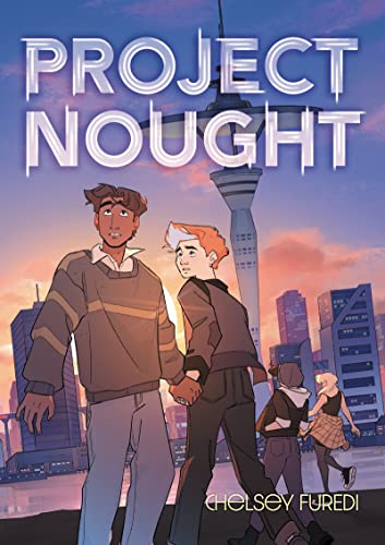 Two young men holding hands in front of a futuristic city skyline at sunset.