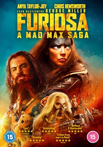 Furiosa DVD cover featuring Anya Taylor-Joy and Chris Hemsworth, dystopian setting.
