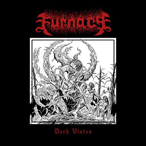 Black and white album cover for Furnace’s “Dark Vistas” with disturbing imagery.