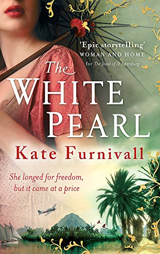 Book cover: woman in red, palm trees, airplane, and ornate details.