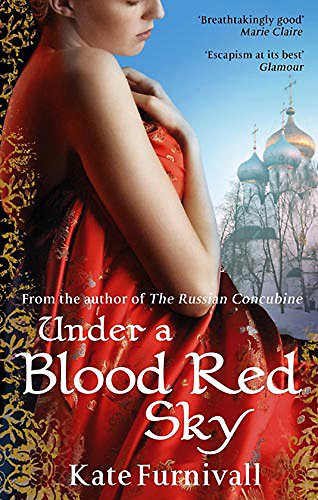 Book cover: woman in red dress, snowy Russian cityscape background.