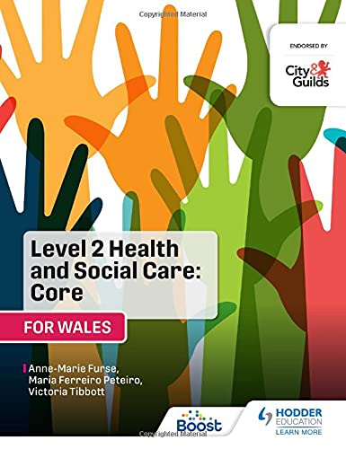 Textbook cover: "Level 2 Health and Social Care: Core" with colorful hands.