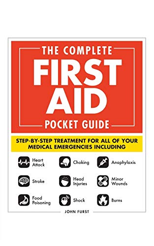 Red first aid pocket guide with icons for medical emergencies.