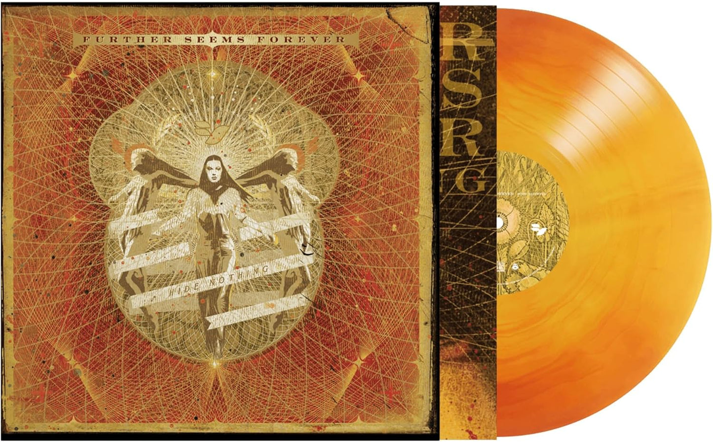 Album cover with golden celestial art and a matching orange translucent vinyl record.