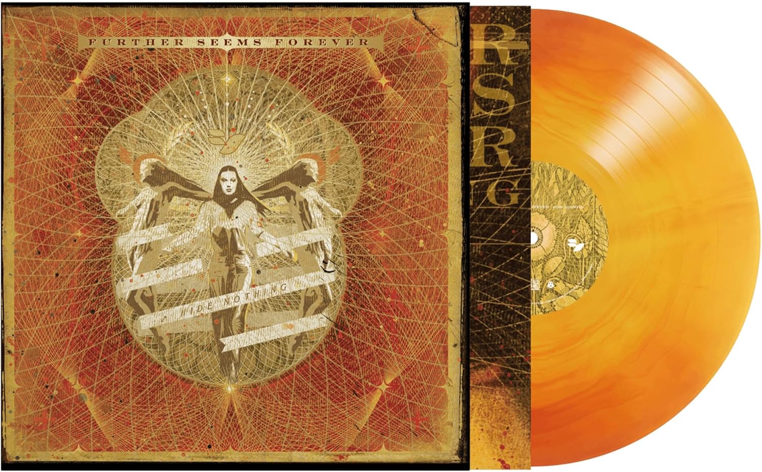 Album cover with golden celestial art and a matching orange translucent vinyl record.