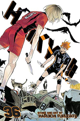 Manga cover featuring two volleyball players holding knives amidst cats and debris.