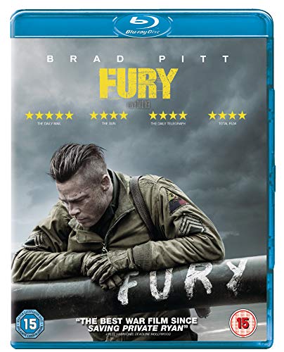 Blu-ray cover for “Fury” featuring Brad Pitt in military uniform.