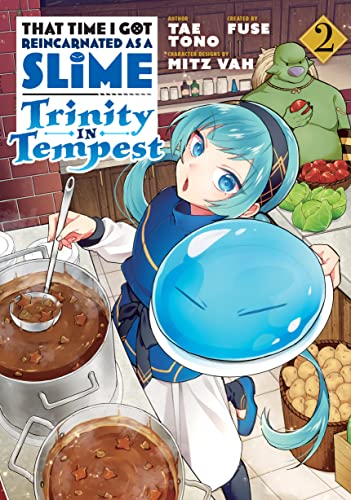 Manga cover: girl with blue hair cooking, slime character, volume 2.