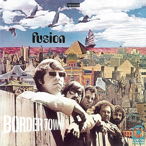 Album cover featuring five men leaning on a fence against a surreal city collage.