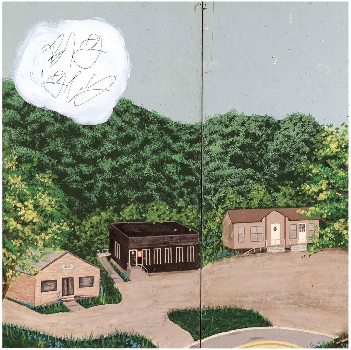 Painted album cover depicting houses, trees, and a swirling signature.