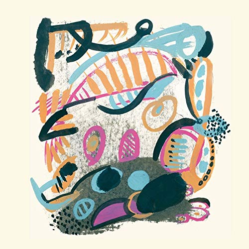 Abstract album cover with colorful brushstrokes in blue, pink, and orange.