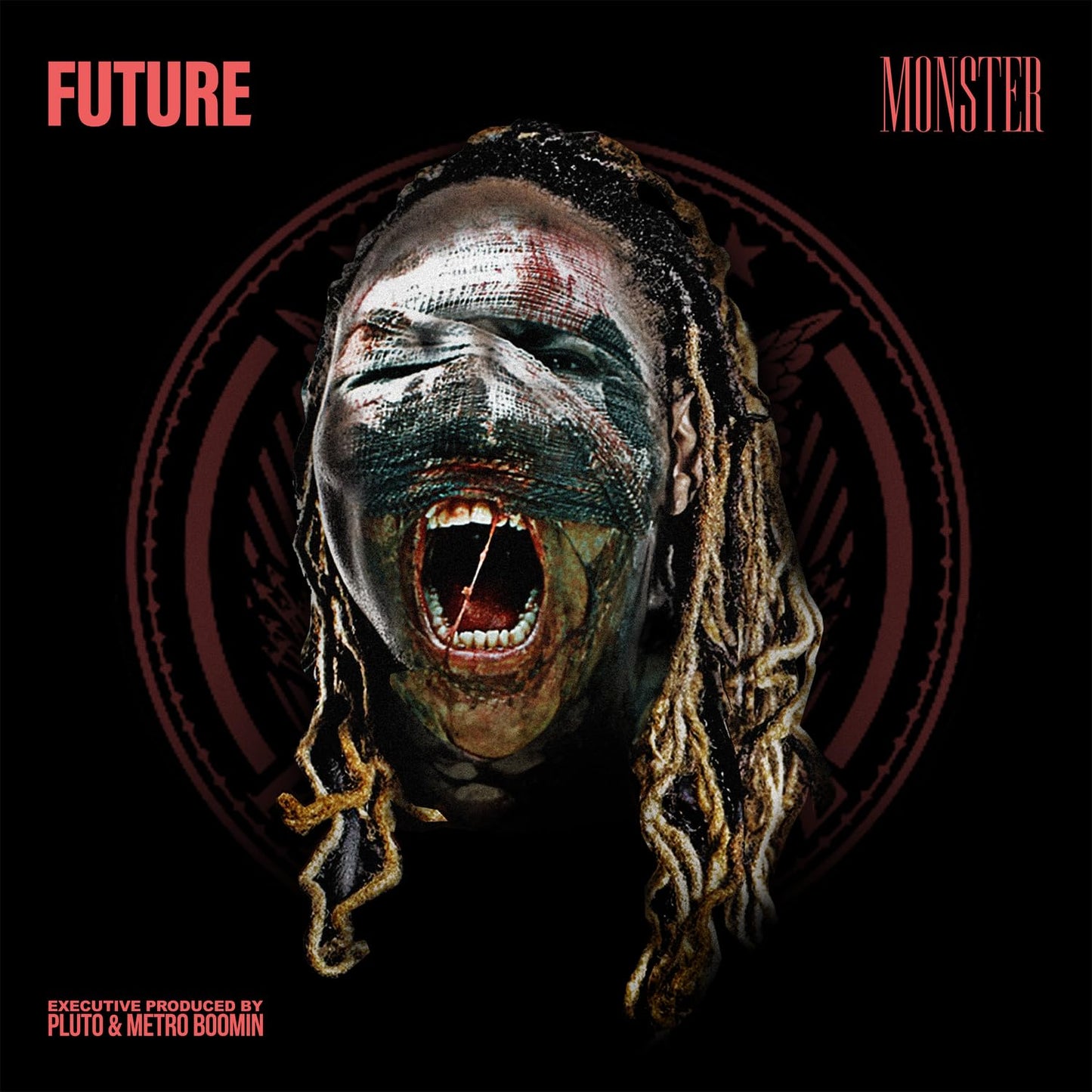 Future’s “Monster” vinyl cover: distorted face with dreadlocks, dark background.