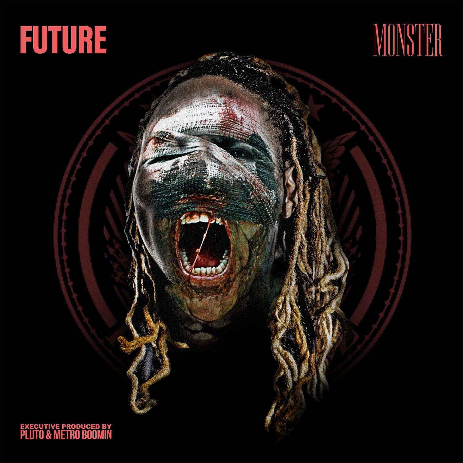 Future’s “Monster” vinyl cover: distorted face with dreadlocks, dark background.