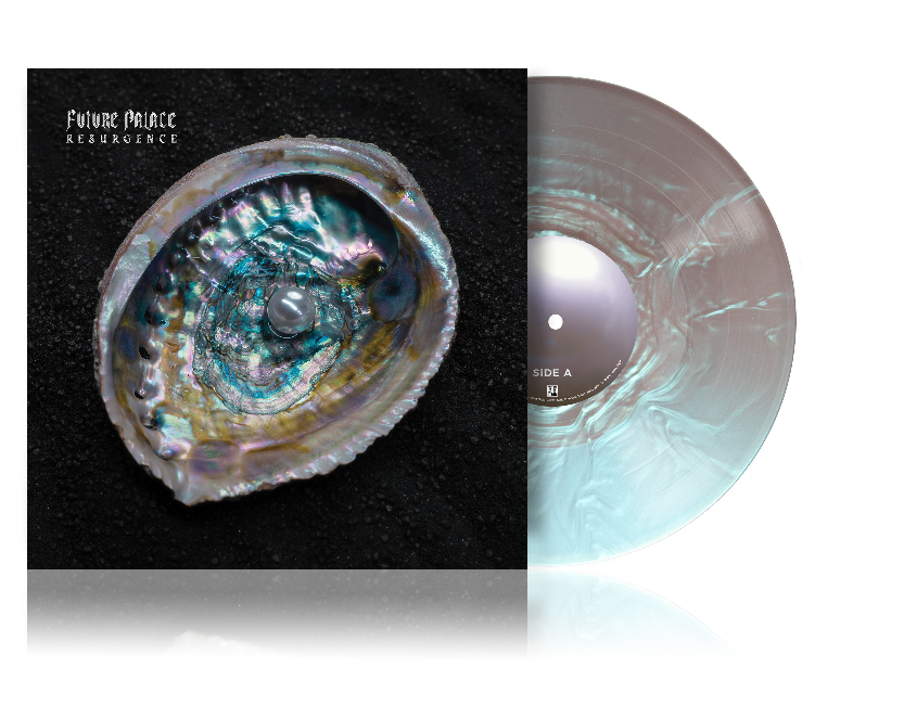 Vinyl record with iridescent shell design and a pearlescent blue color.