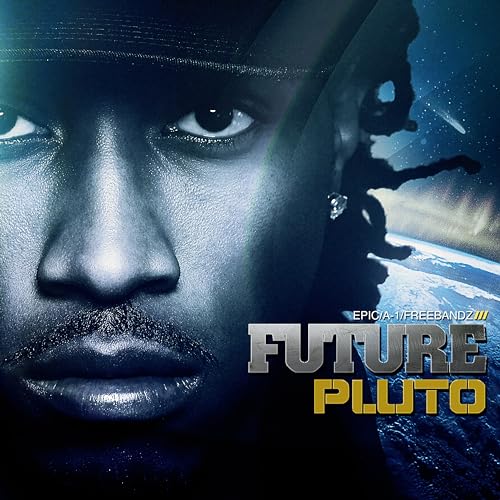 Close-up portrait of Future against a blue space background with the text Future Pluto.