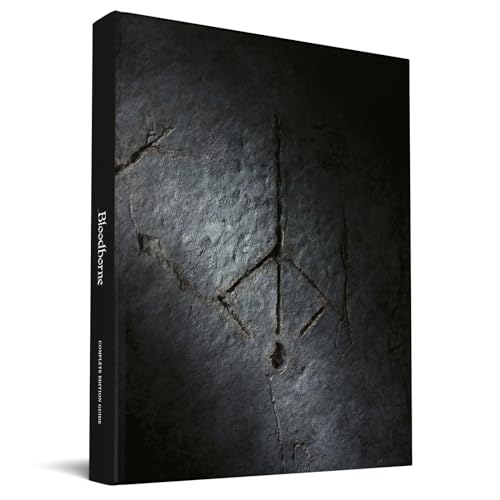 Dark gray "Bloodborne" guide book with a carved symbol on the cover.