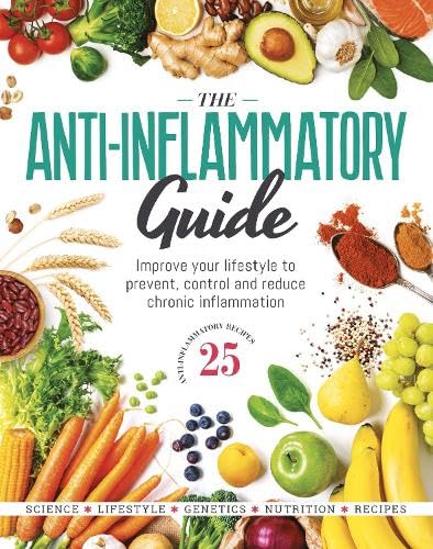 Book cover titled The Anti-Inflammatory Guide surrounded by fresh produce, grains, and spices.
