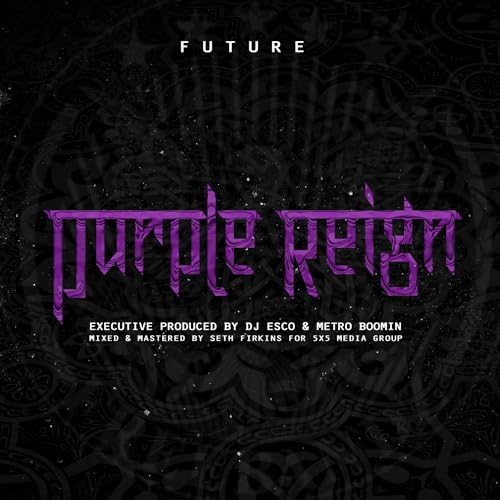 Album cover for Future’s “Purple Reign” with ornate purple and black design.
