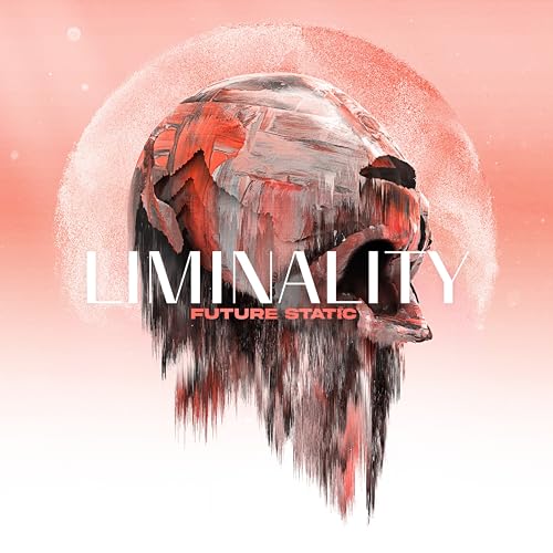A textured, glitch-art style skull on a soft pink gradient background with white text.