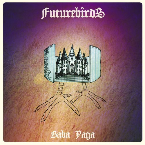 Album cover with castle in a book on chicken legs, purple and orange background.