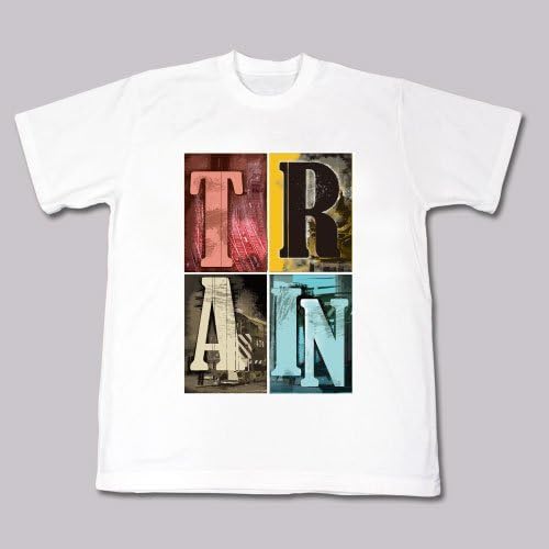 White t-shirt with colorful, blocky letters spelling “TRAIN” on the front.