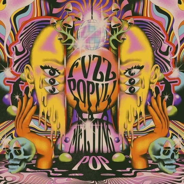 Psychedelic album cover with melting faces, skulls, and swirling colors.