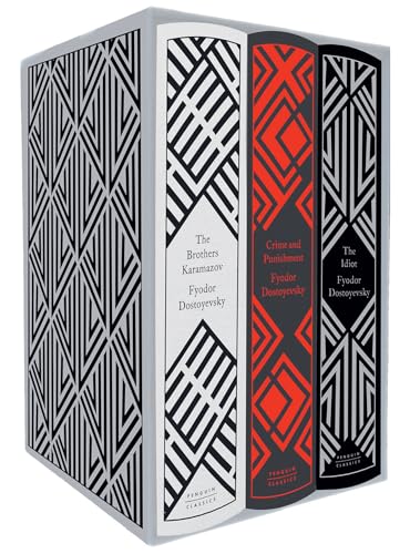 Black and white boxed set of three Fyodor Dostoyevsky novels.