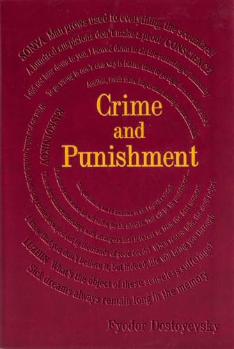 Red book cover with gold text reading "Crime and Punishment" by Dostoyevsky.