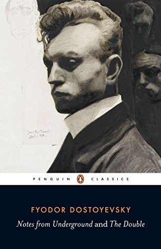 Book cover: portrait of a man in a dark suit, text by Dostoyevsky.