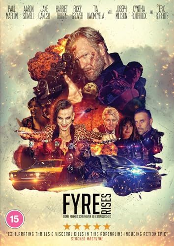 DVD cover for "Fyre Rises" featuring a man with a gun and chaotic imagery.