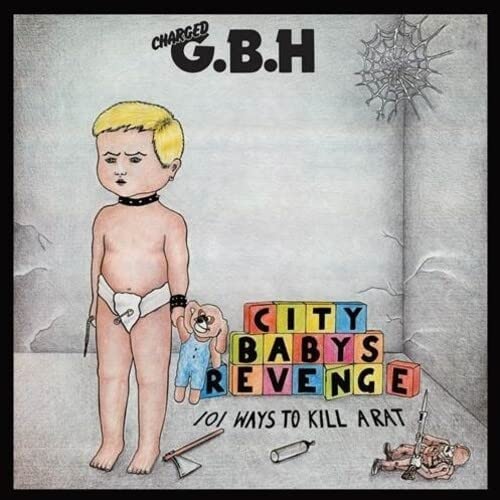 Album cover: baby with building blocks, weapons, and a teddy bear.