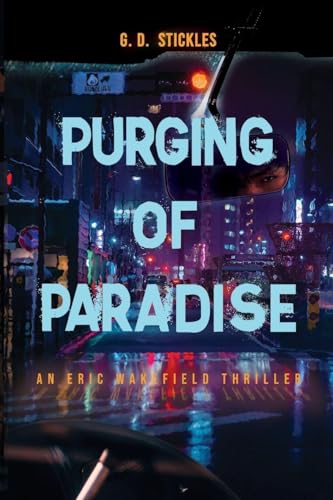 Book cover: “Purging of Paradise” with a man reflected in glasses.