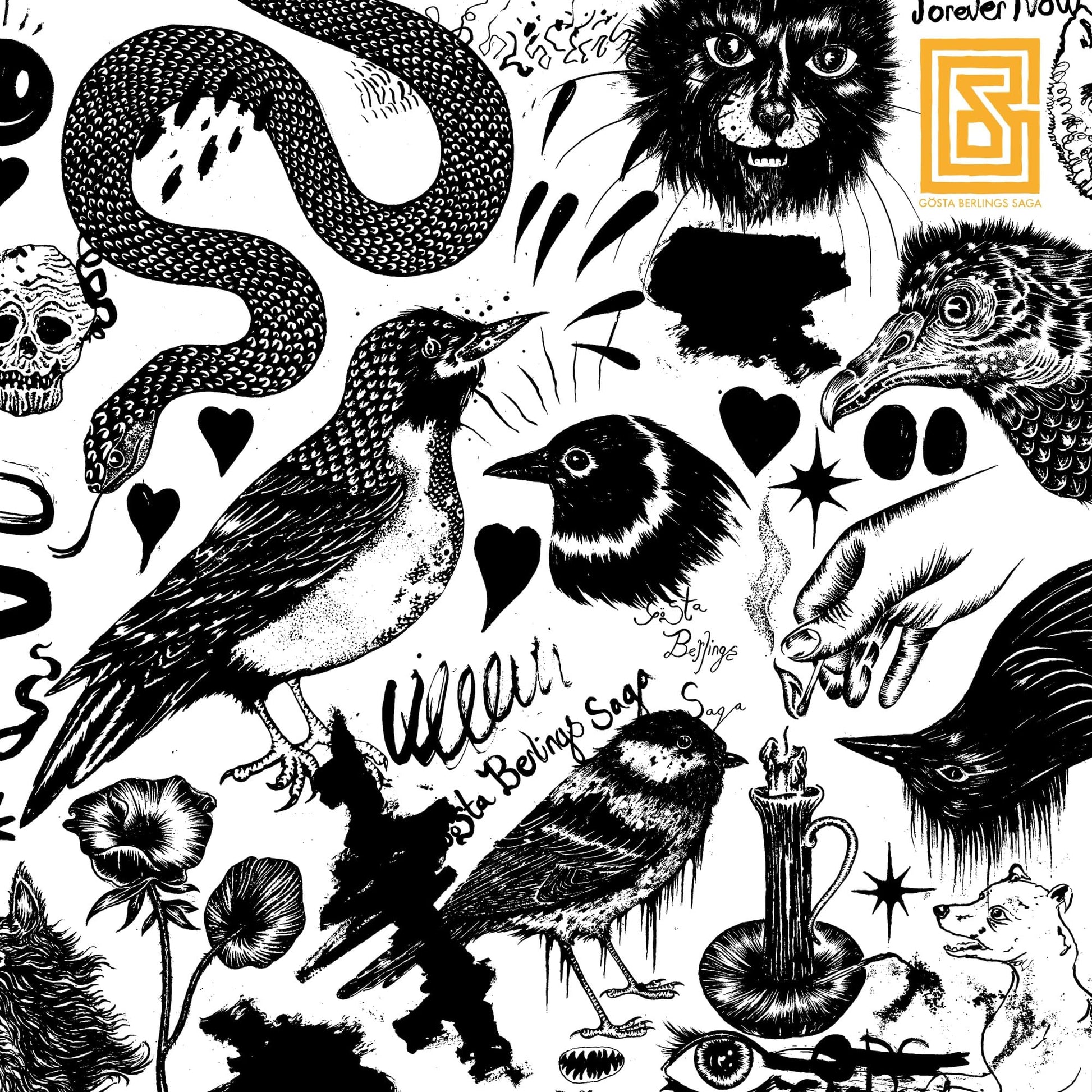 Black and white CD cover with illustrated birds, snakes, and animals.