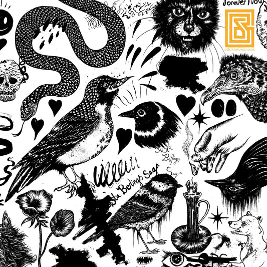 Black and white CD cover with illustrated birds, snakes, and animals.