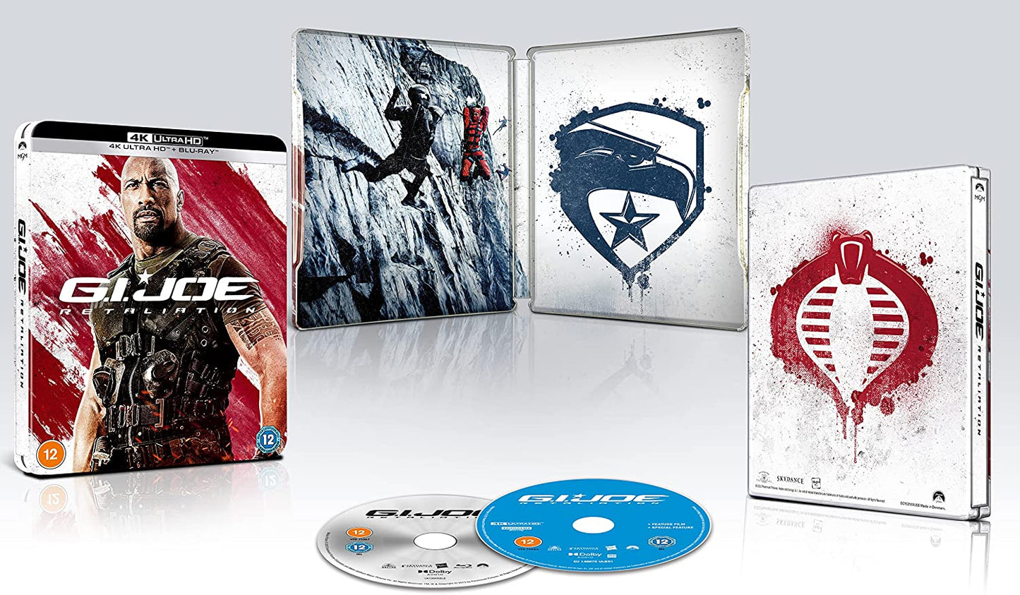 "Steelbook case for 'G.I. JOE: RETALIATION' with discs and open case showing inner artwork."