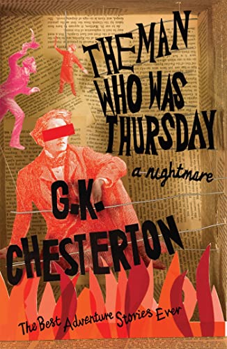 Book cover: man with red blindfold, fiery shapes, collage aesthetic.
