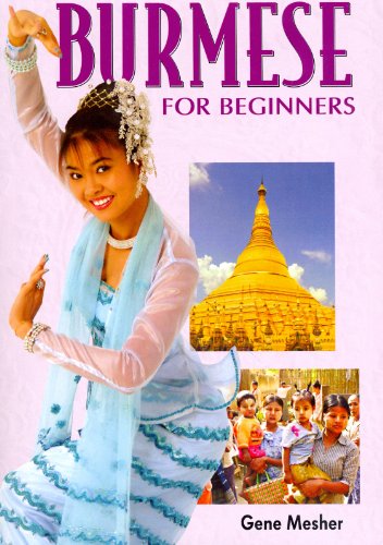 Book cover: “Burmese for Beginners” with dancer, temple, and children.