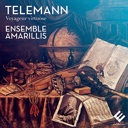 CD cover for Telemann’s “Voyageur Virtuose” featuring instruments and a globe.