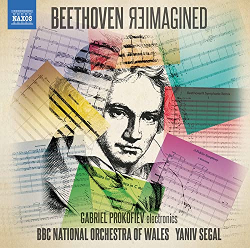 CD cover featuring a portrait of Beethoven over sheet music and colorful blocks.