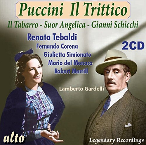 CD cover for Puccini's *Il Trittico* featuring opera singers Tebaldi and Corena.